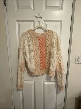Cream & Peach Cable Knit Crewneck Sweater